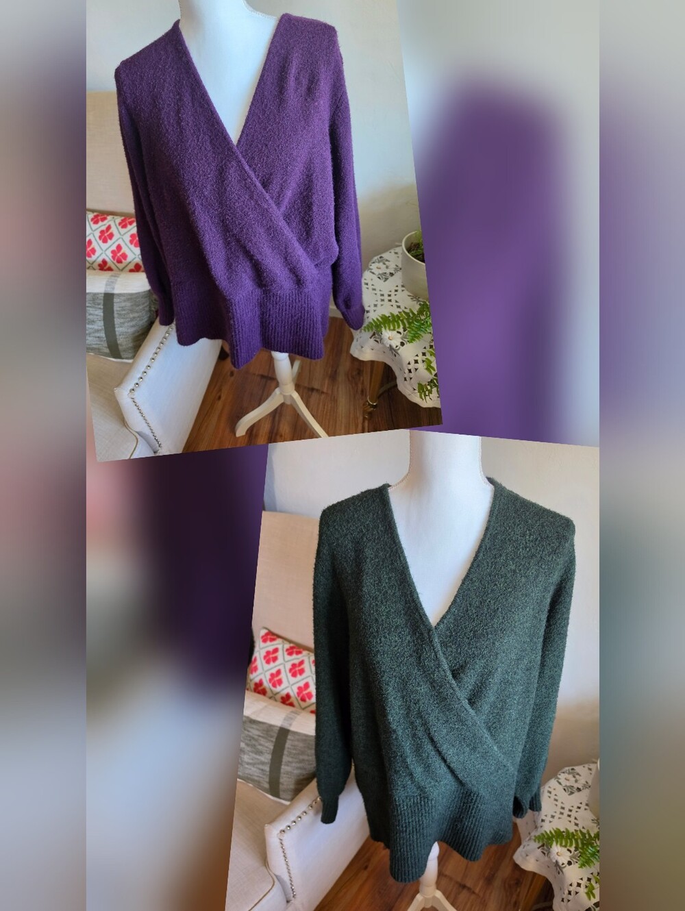 torrid !TWO! V-Neck Wrap Sweater - Purple and Forest Green